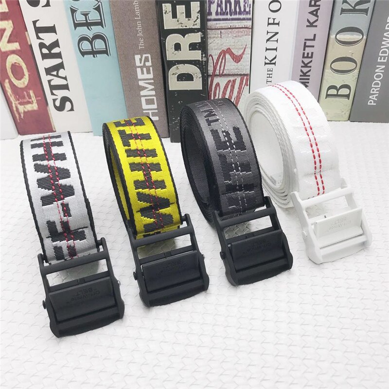 Off White-Trendy All-Match Prachtige Brief Geborduurde Extra Dikke Canvas Riem Zwart Gesp Gesp riem
