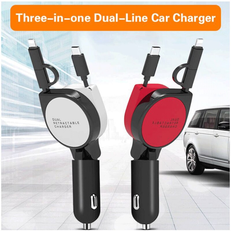 Nuovo 3-in-1 caricatore per auto retrattile a tiraggio singolo adattatore per ricarica rapida accendisigari per iphone porta androide di tipo C