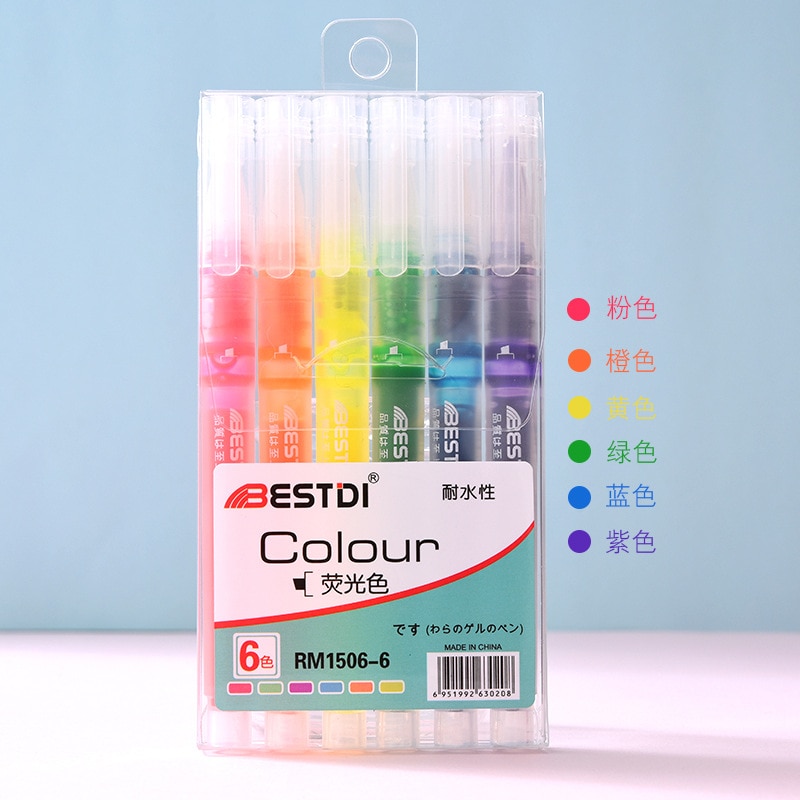6 Stks/pak Snoep Kleur Direct Vloeibare Type Pen Kleurrijke Markeerstiften Promotionele Markers Briefpapier