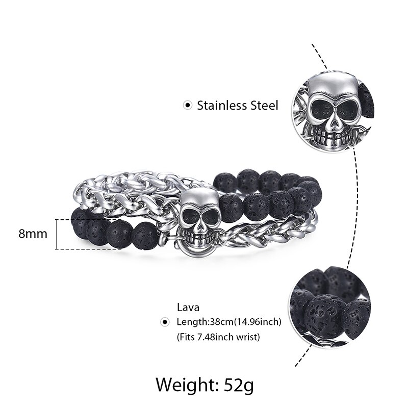 Black Lava Beaded Bracelet for Men Stainless Steel Double Layered Wheat Link Skull Charm Bracelets Male Halloween Jewelry LDB183: DB183