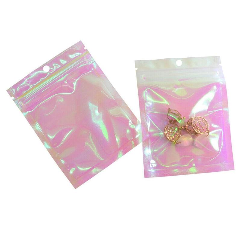 Dikke Hersluitbare Holografische Roze Rits Verpakking Zak Cosmetische Plastic Kleine Zip-Lock Zakjes Platte 10Pcs Tassen Sieraden M5A3