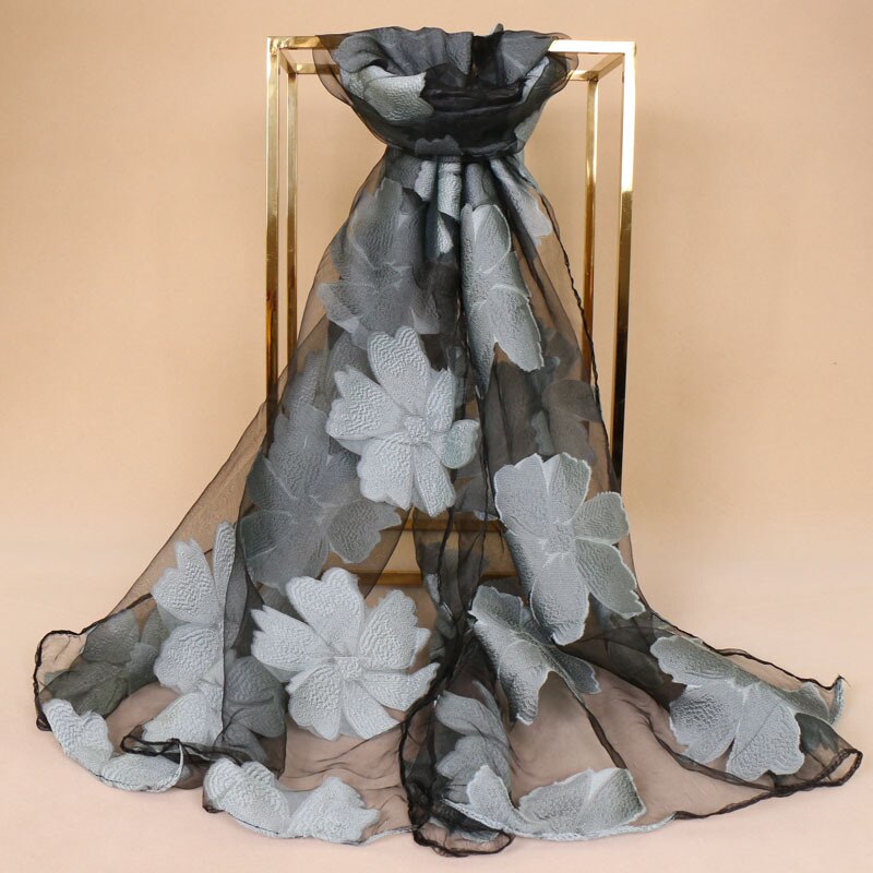 Vanlig brodert floral chiffong skjerf foulard kvinner langt mykt blondere sjal Strand pakke inn hals stjal echarpe sjaal: 8