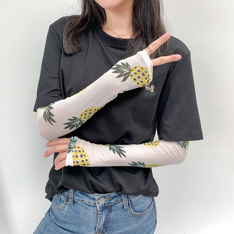 Is silke kold frugt blomster print solhandsker halvfinger fingerløse kørearmvarmere sport solcreme langærmet  c31: 15