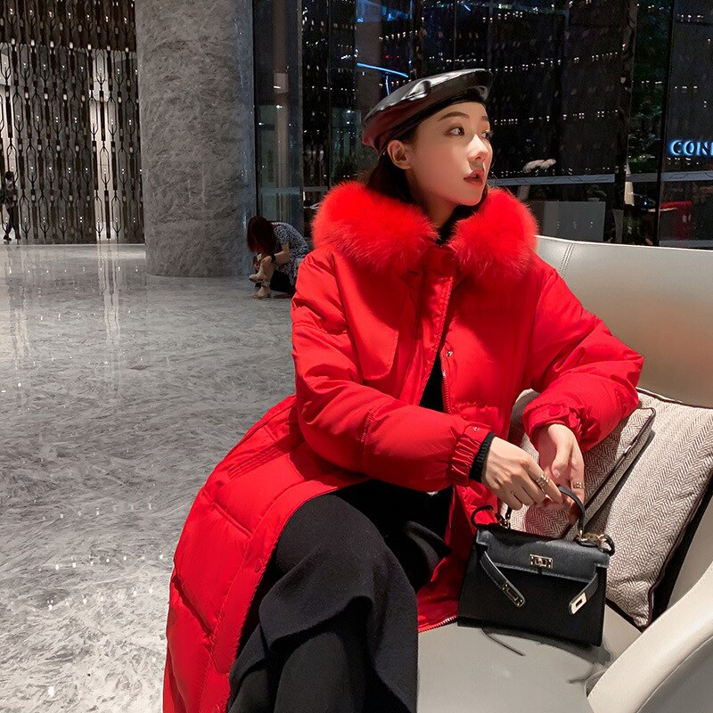 Women Long Belted Winter Jacket Hooded Fur Collar Detachable Windproof Down Jacket Oversize Cotton padded Parkas Outwear Coat