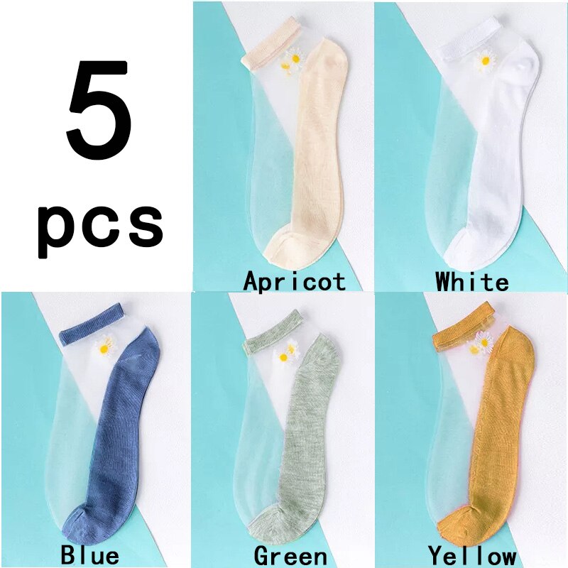 Calcetines de malla ultrafinos para mujer, medias transparentes de seda y fibra de vidrio, tobilleras, margaritas y flores, Sexy, 5 par/lote: Style 5