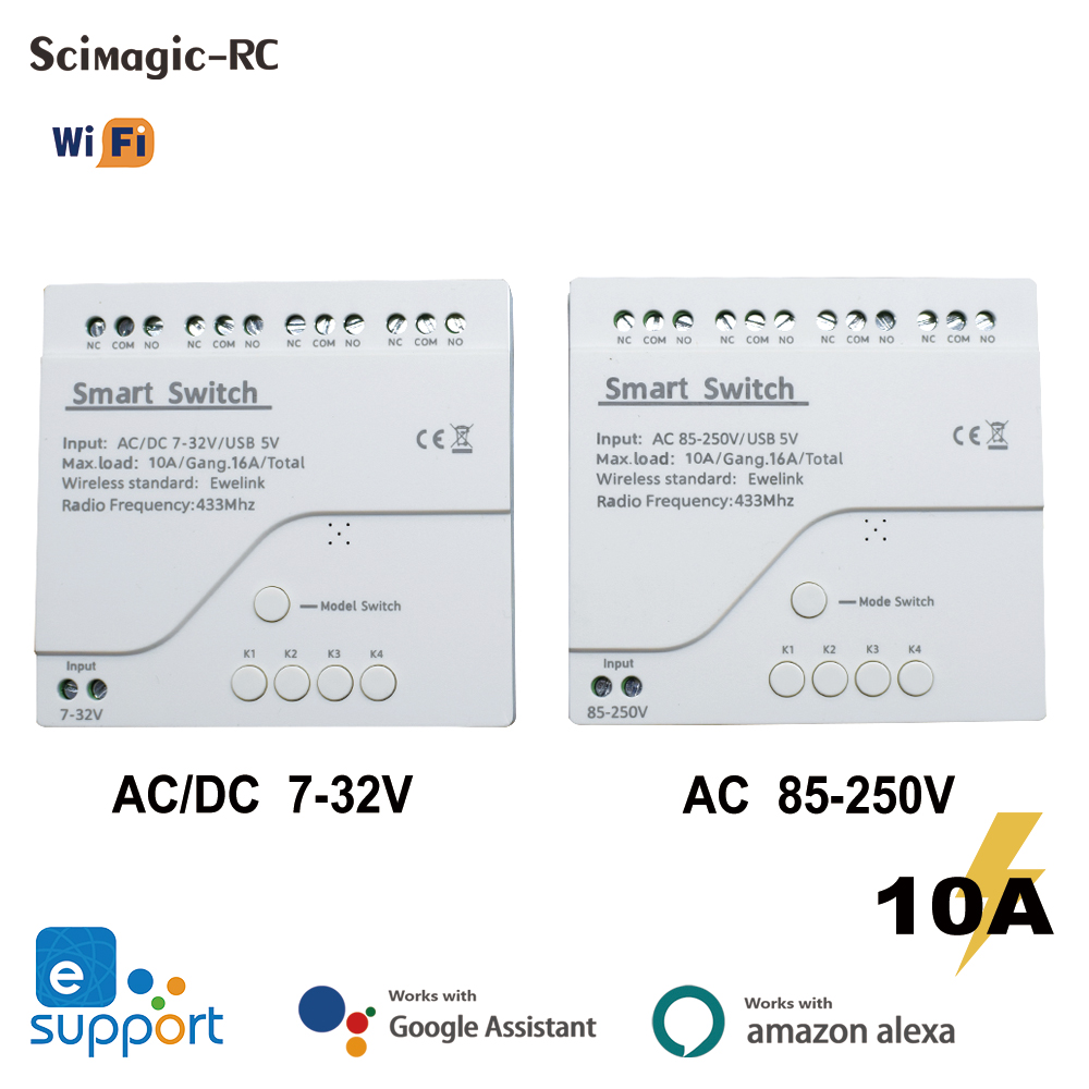 Módulo de interruptor Wifi inteligente eWeLink de 4 canales, 12V, 24V, 7-32V, 220V, 85V-250V, 10A, relé de 4 canales, funciona con Alexa y Google Home
