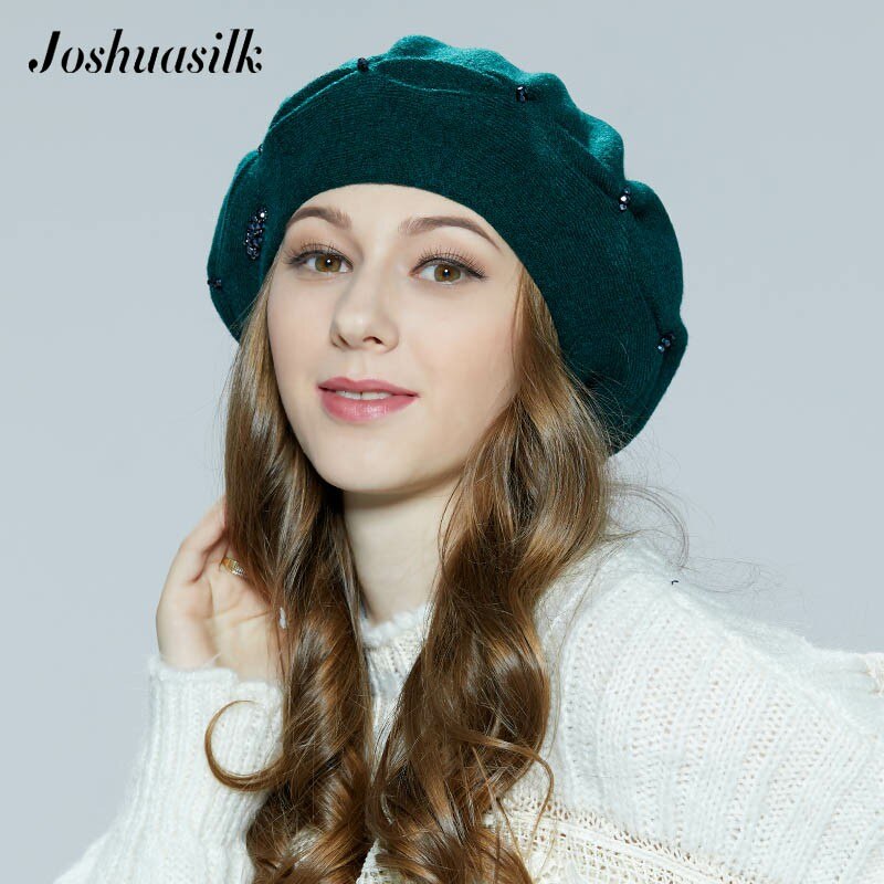 JOSHUASILK-gorro de lana de punto para mujer, boinas con hebilla de pellizco, decoración de POM mapache, sólido, otoño e invierno,: BERET