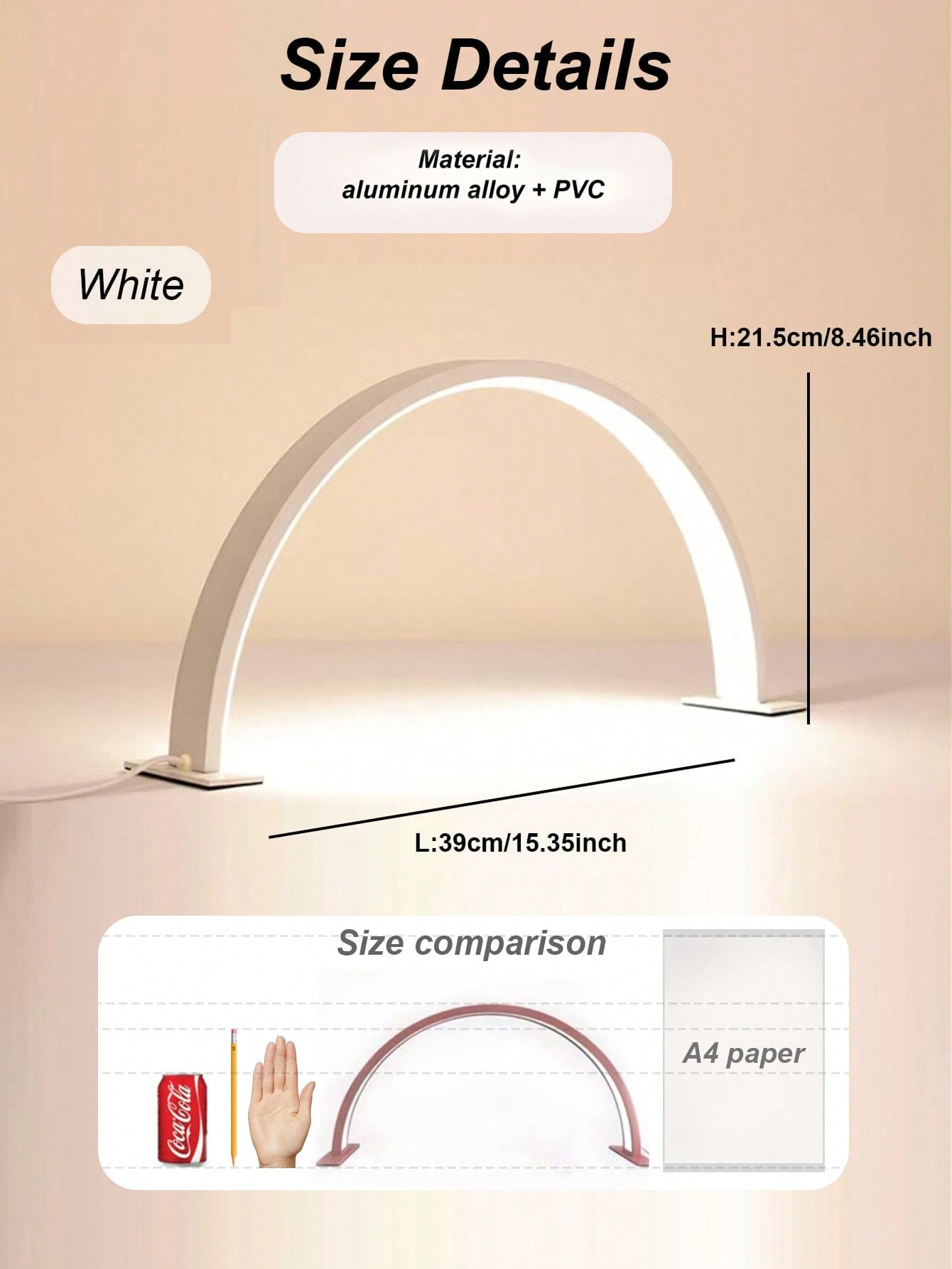 Lâmpada de unha meia-lua em forma de U, lâmpada de mesa com botão USB, para iluminação de unhas, cômoda, mesa de artesanato, iluminação de mesa de cabeceira: Marfim