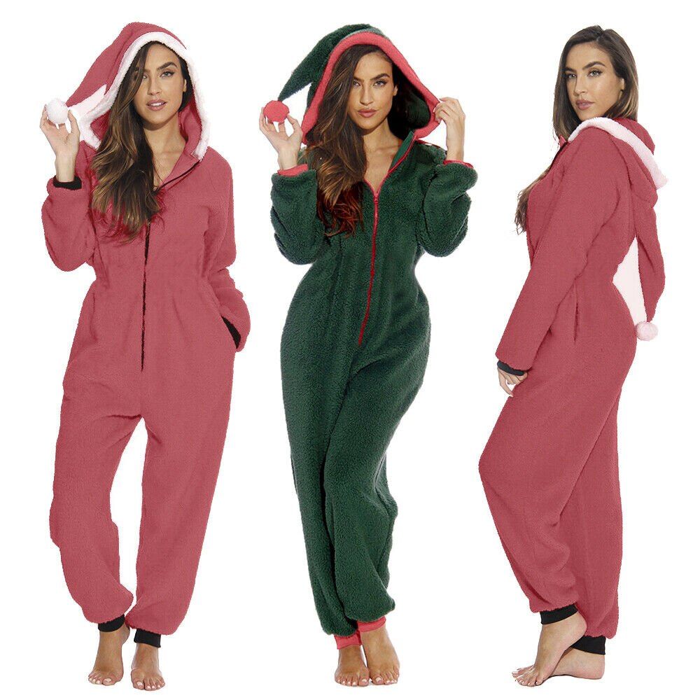 Christmas Women's Fluffy Warmth Hoodie Romper Long Sleeve Jumpsuit Sleepwear Cute Xmas Womens Jumpsuit Nightwear Homewear