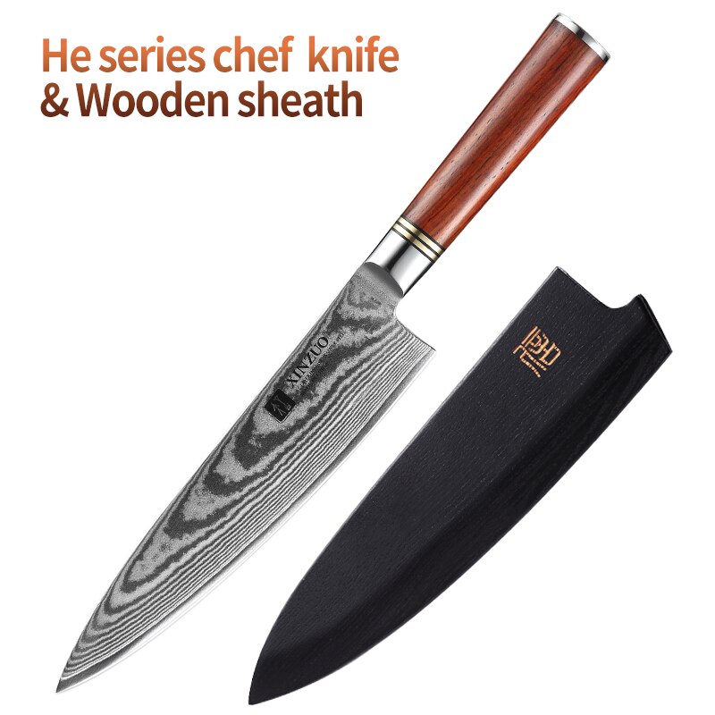 XINZUO couteau de Chef japonais, 8 pouces 67 couches en acier damas Gyuto hachoir à viande, outils de cuisine Santoku avec housse: With Wooden Sheath