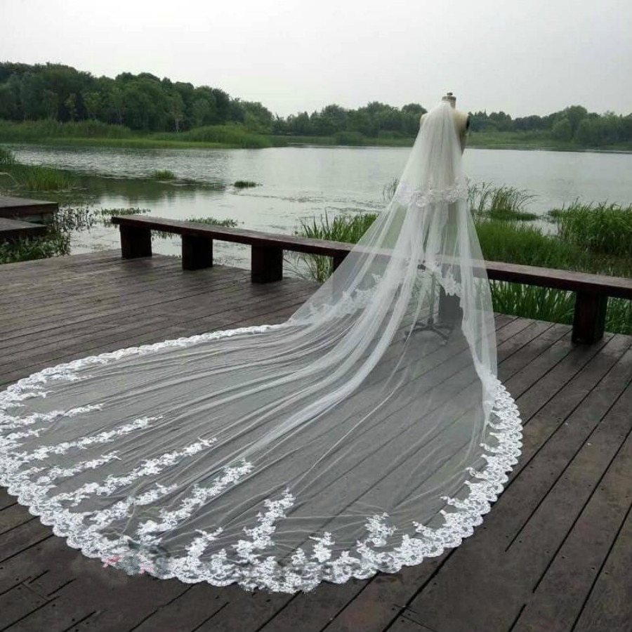 White Ivory Bride Two Layers 5M Mantilla Velo Cathedral Long Bridal Veils Lace Edge Wedding Veil With Comb Wedding Accessories