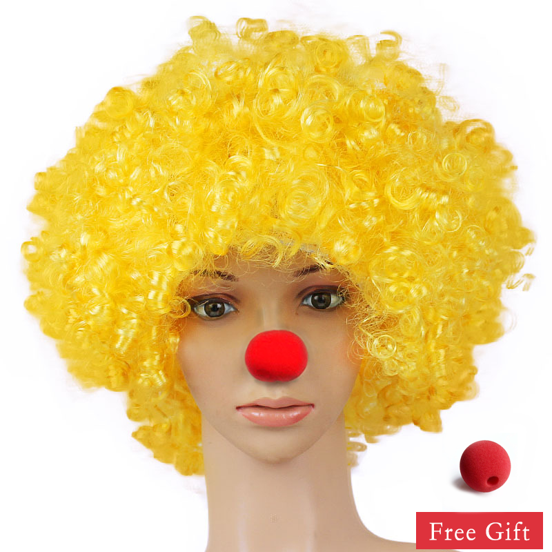 Kleurrijke Clown Pruik Afro Krullend Synthetische Pruik Cosplay voor Mannen Vrouwen Mardi Gras Party Pruik Rood Groen Geel Blauw Pruik Clown Neus: YELLOW