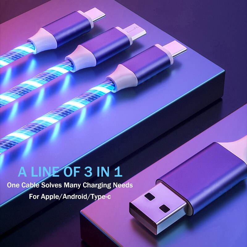 3 In 1 Glow Vloeiende Charger Cable Micro Usb Type C Kabel 1.2M Kleuren Led Licht Snelle Opladen Draad voor Iphone 12 Xiaomi 11 Redmi