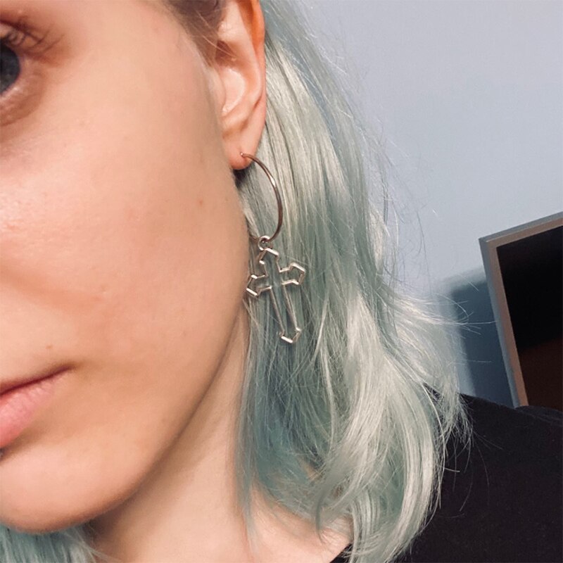 Pendientes colgantes con Cruz hueca para mujer, aretes de Color plateado, círculo redondo, pendientes de gota, joyería