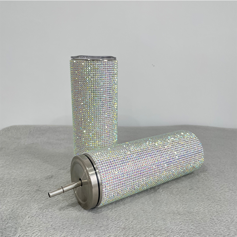 Luxury Diamond 20oz Bling Rhinestone Crystal skinny Tumbler Double Walled Insulated Stainless Steel Skinny Thermo With Lid Straw