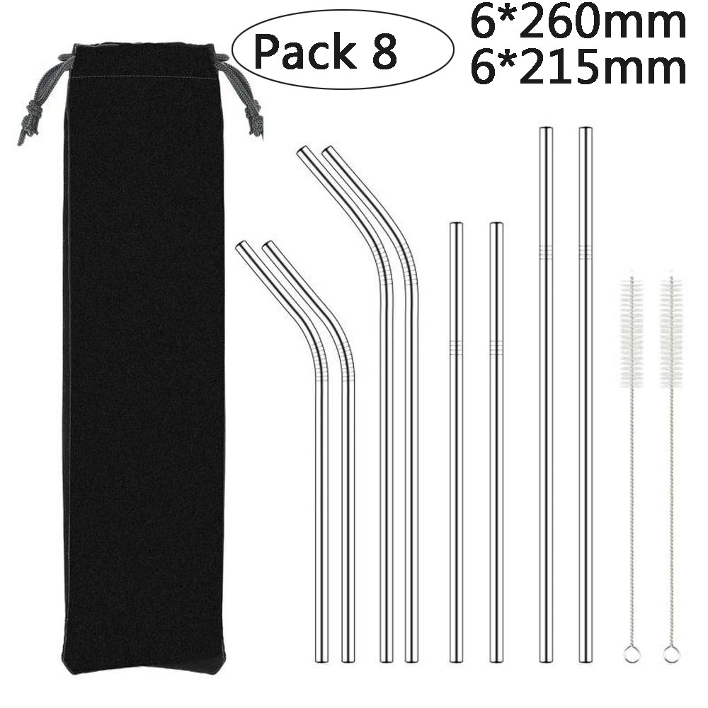 Paille métallique réutilisable 260x6mm, en acier inoxydable 304 de avec brosse de nettoyage pour tasses 20/30oz,: Pack8D-2Brush-Bag