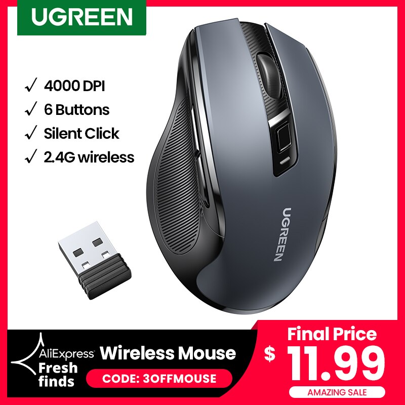 Ugreen-ratón ergonómico inalámbrico para ordenador portátil, Mouse silencioso de 4000 DPI con 6 botones para MacBook, tableta, portátil, 2,4G