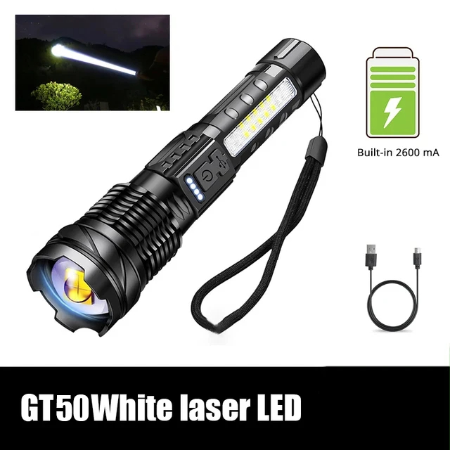 Potente linterna LED XHP50, resistente al agua, 18650 con luz lateral, 7 modos, linterna para acampar y pescar, lámpara con Zoom recargable por USB: S / Azul