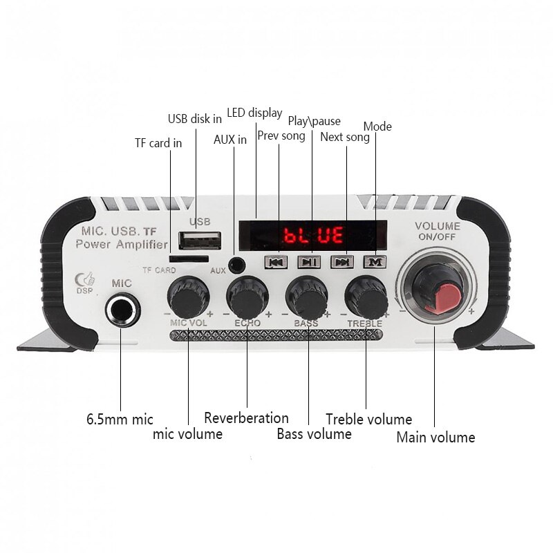 Kentiger HY-V11 With 12V5A Power And AV Cable Bluetooth Amplifier USB TF FM AUX dac 6.5mm Mic Karaoke Speaker Amplificador