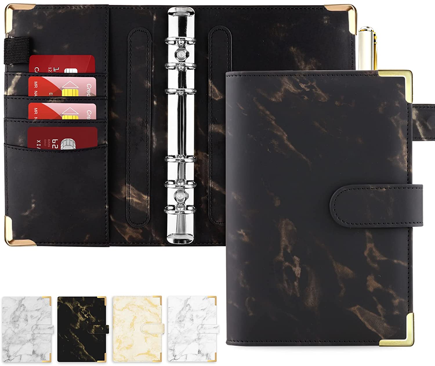 A6 PU Leather Notebook Binder Marble Refillable Binder Cover 6 Ring Loose Leaf Budget Planner Binder Cover with Magnetic Buckle: Black Marble