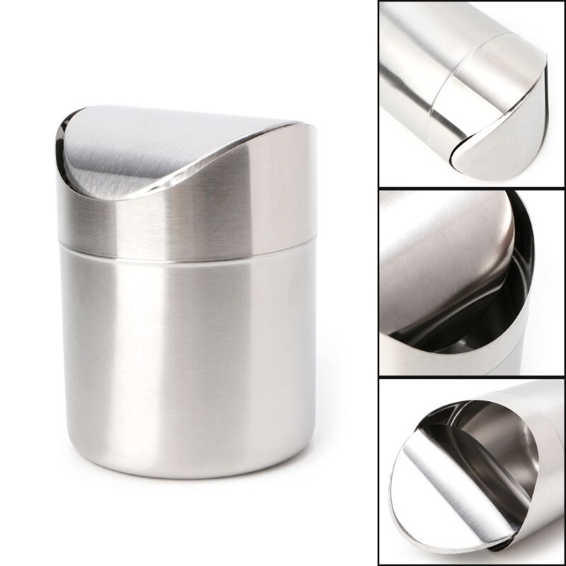 Stainless Steel Desk Trash Bin Countertop Waste Can With Swing Lid 1.5 L Mini DustBin: Default Title