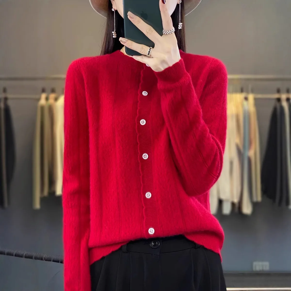 100% cárdigan abierto suelto de lana pura para mujer Otoño Invierno estilo ropa externa Top perezoso cuello redondo suéter de punto de manga larga