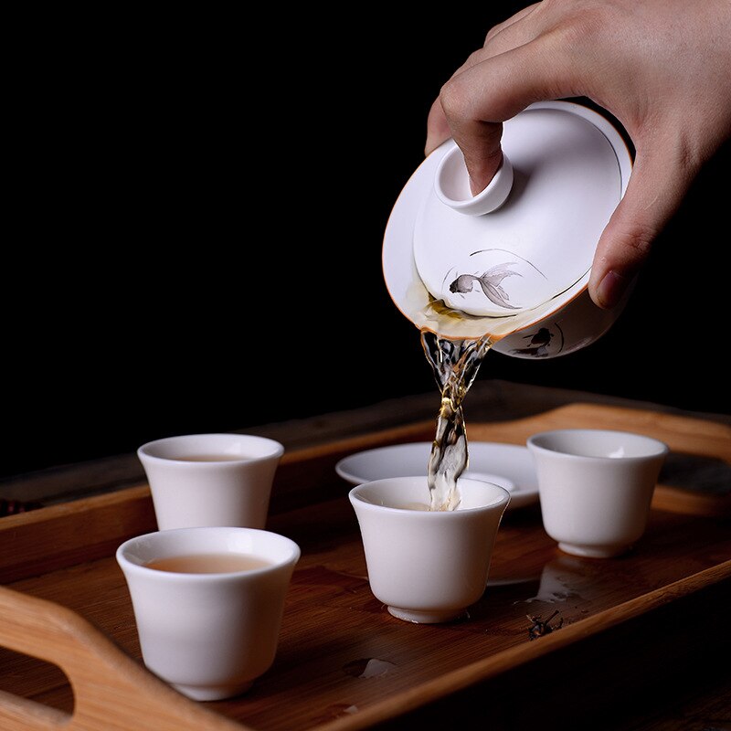 Nyopført kinesisk porcelæn te skål keramisk håndmalet gaiwan kop skål sæt låg kop underkop mat kina turin 180cc på salg