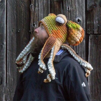 Bläckfisk skägg hand väva sticka ull hattar män jul cosplay fest rolig knepig huvudbonad vinter varm par hatt: Grön khaki