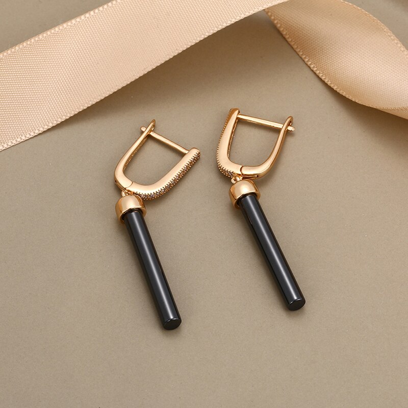 585 Rose Gold Ohrring setzt Für Frauen Elegante Schmuck Schwarz Keramik Ohrringe Mit Kristall Glänzende Hochzeit Engagement Party