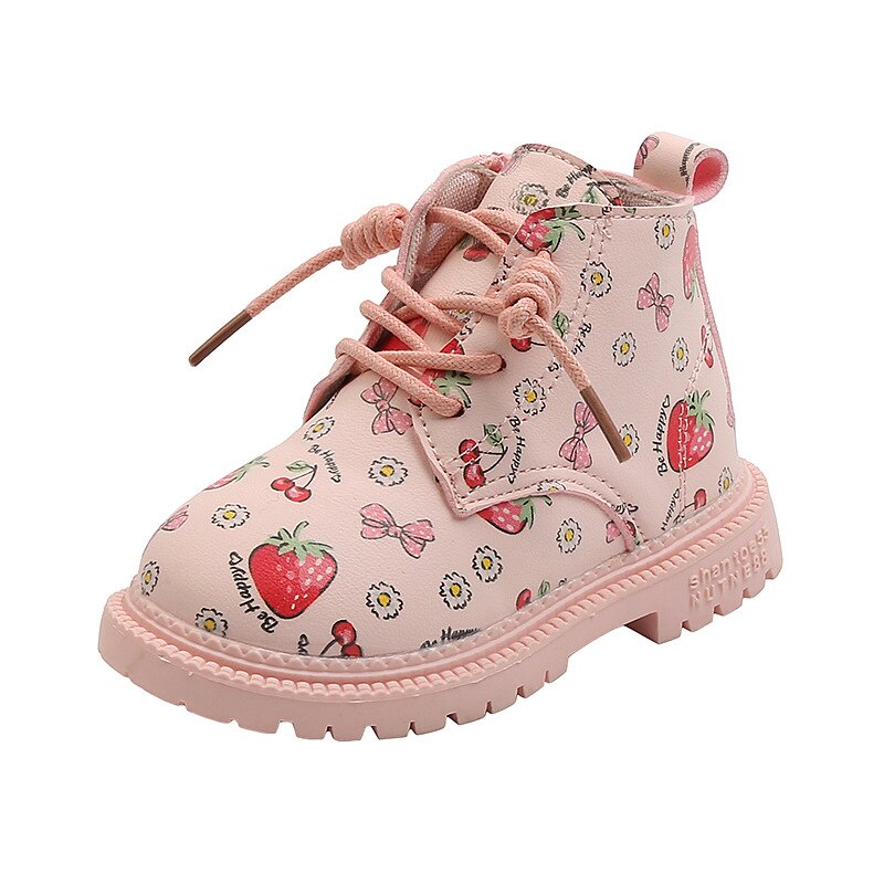 Capsella crianças meninas moda rendas botas de trabalho crianças primavera outono fruta impressão tornozelo botas casuais sapatos tamanho 22-31: Rosa / 26 (inside 15.5 cm)