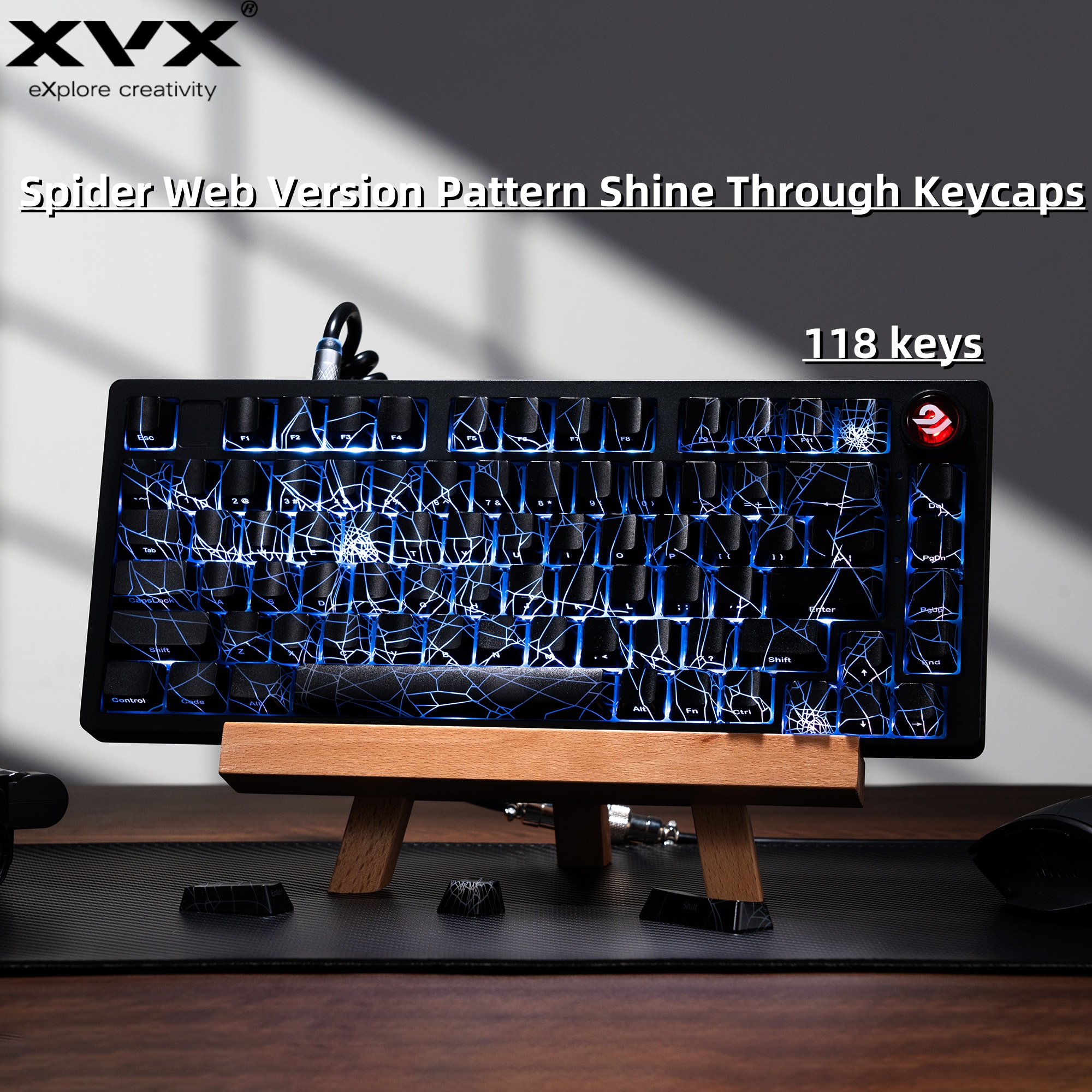 XVX Spider Web-versie Patroon Shine Through OEM-profiel IMD-Tech Keycap Set Zwarte Keycaps (alleen keycaps) 118 toetsen