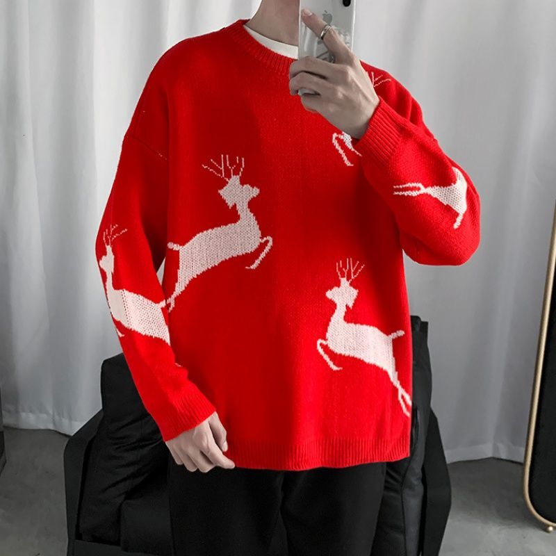 Privathinker herr älgstickade tröjor höst herrtröjor 2 färger man streetwear herrkläder: Röd / Xxl