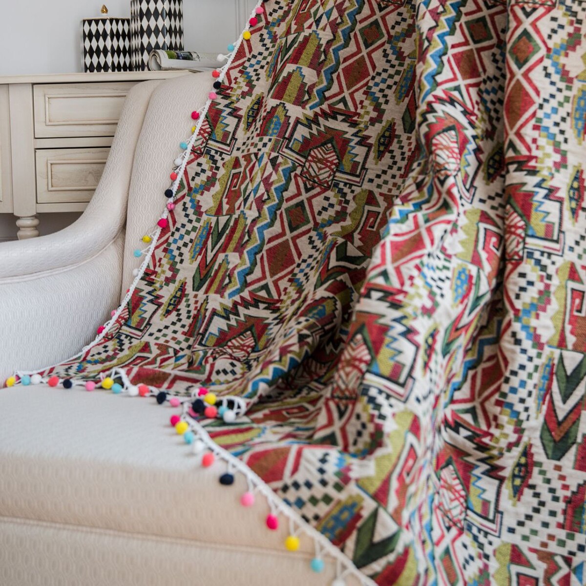 Cortina de lino y algodón con estampado, borlas bohemias para el hogar, cocina, ventana, sala de estar y dormitorio, suministros de decoración D30