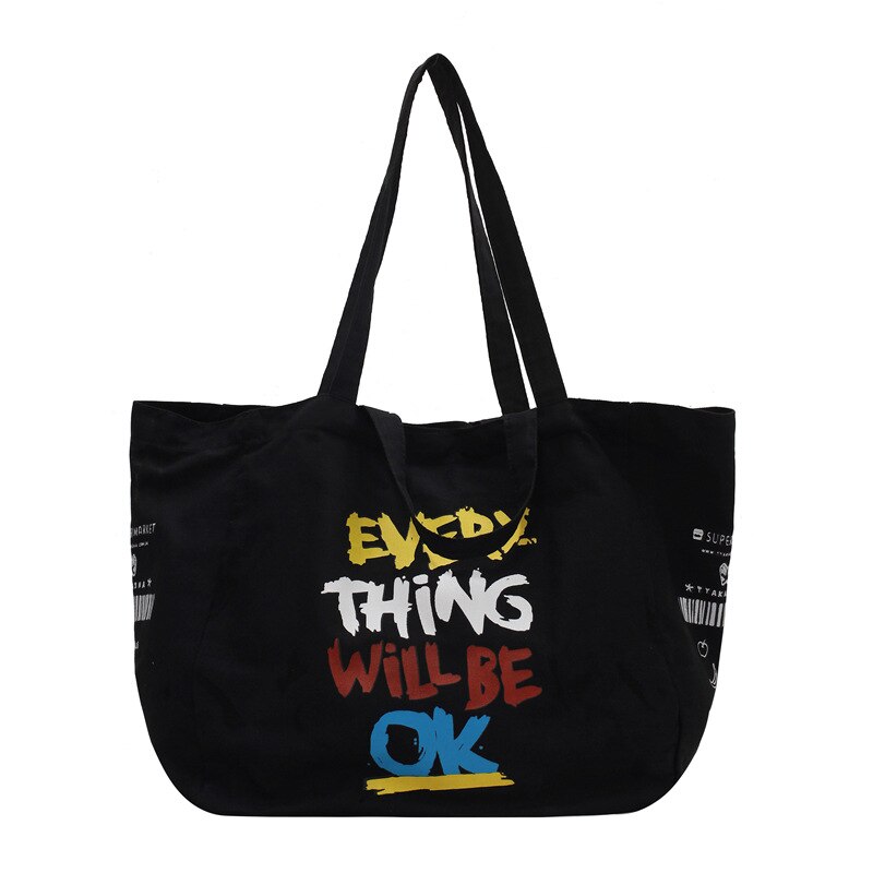Sac de courses en toile Extra Large pour femmes, fourre-tout d'épicerie en tissu de coton , sacs à bandoulière pour jeunes filles: Will Be OK Black