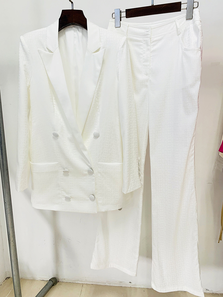 High Street 2024 Catwalk Pak Set Dames Dubbele Rij Knopen Monogram Jacquard Dunne Blazer Broek Set 2 Stuks: S