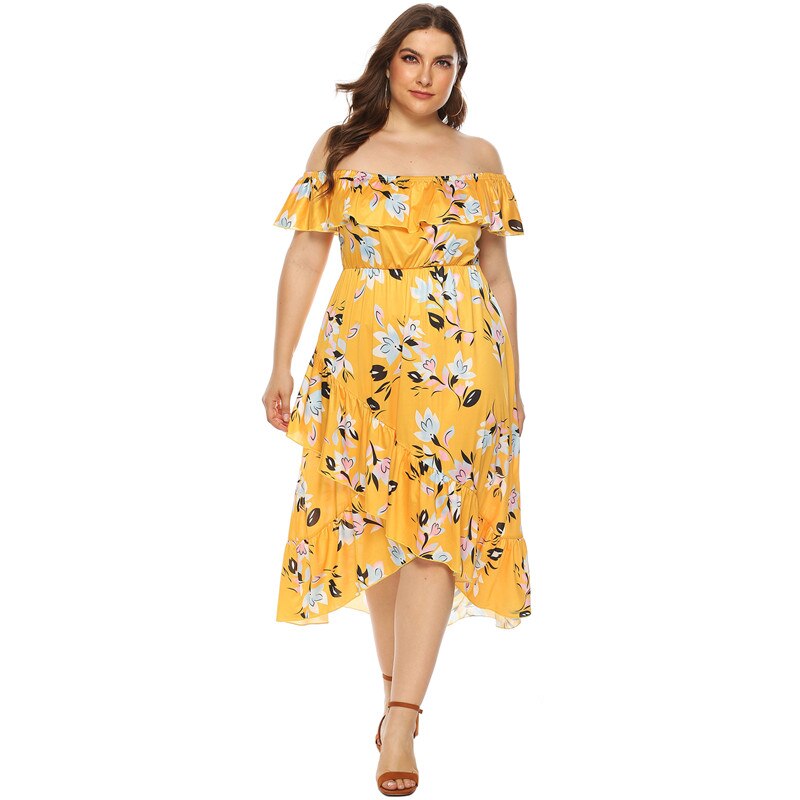 Off Shoulder Dress Plus Size Women Summer Ruffles Slash Neck Short Sleeve Floral Print Boho Beach Dresses Tunic Irregular Dress: XXXL