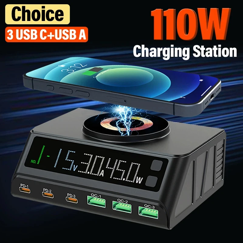 110W Multi-Port Charger Universal PD+QC3.0 Fast Charging for iPhone 16 15 14 13 12 Digital Display Magnetic Wireless Charging