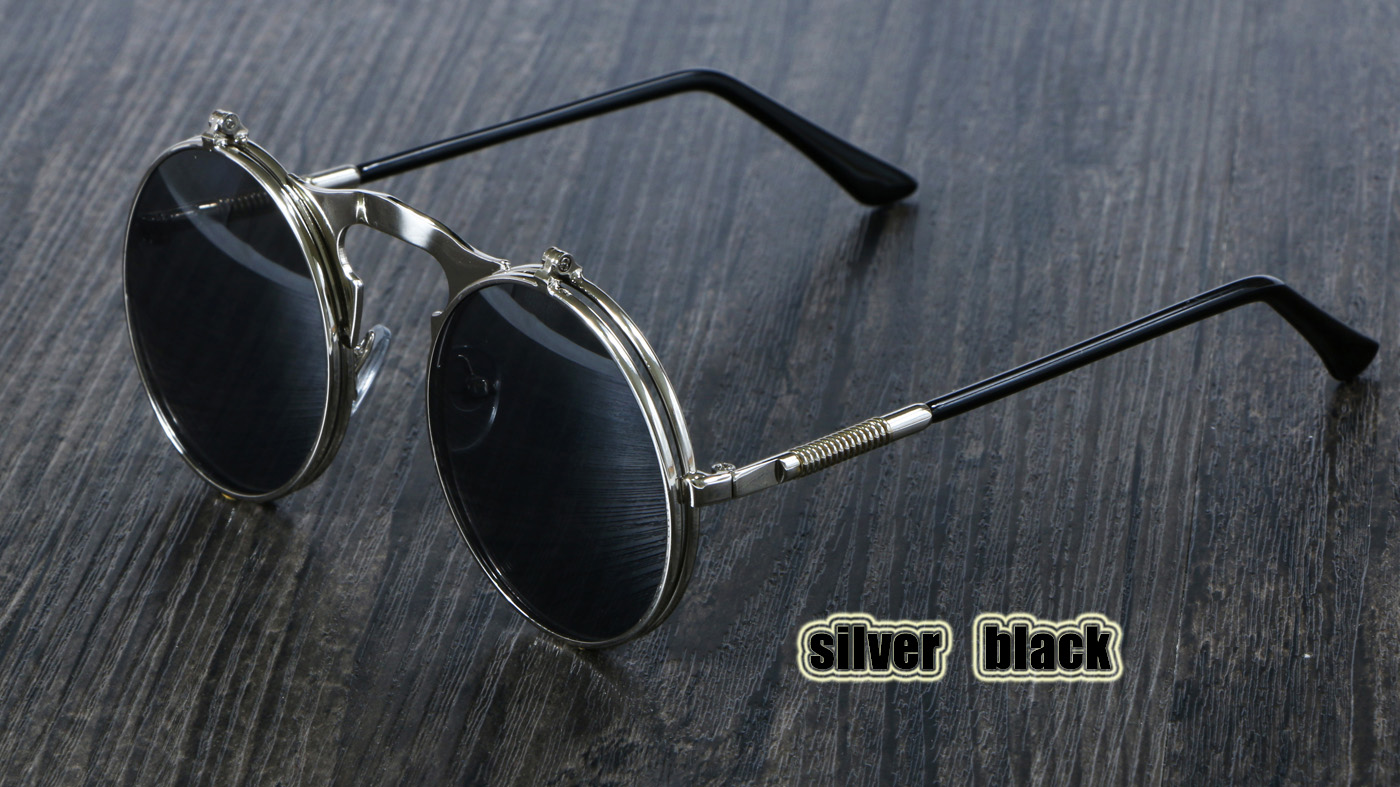 3057 steampunk solbriller rundt metal kvinder stil retro flip cirkulære dobbelt metal solbriller mænd cirkel solbriller: Sølv sort
