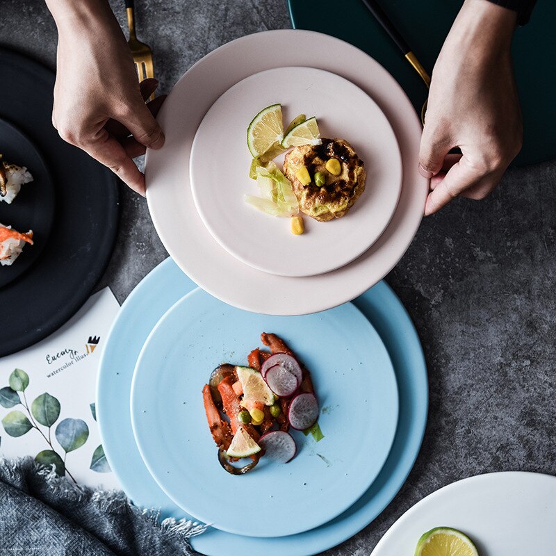 Round Flat Bottom Plate Hotel Ceramic Dinner Plates Beef Tableware Solid Color Dessert Dish Simple And Sushi Dishes