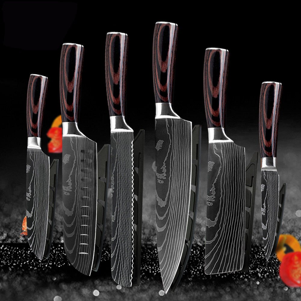 XYj Professionelle Küche Koch Messer Set Japanischen 7CR17 High Carbon Edelstahl Nachahmung Damaskus Muster Kochen Messer Set: 6 Pcs Value set
