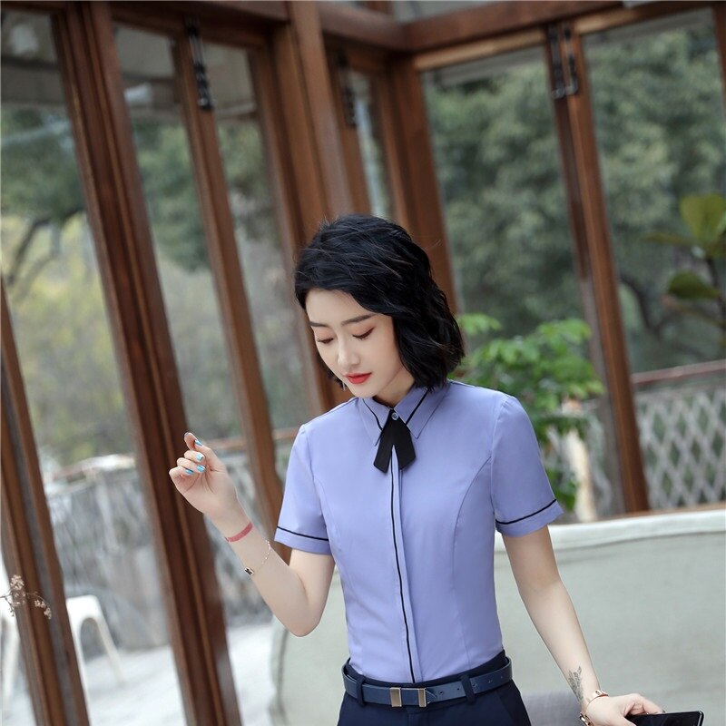 Blouses With Tie Formal Uniform Styles Summer Short Sleeve Blouse For Women Office Work Wear Tops Clothes Shirts