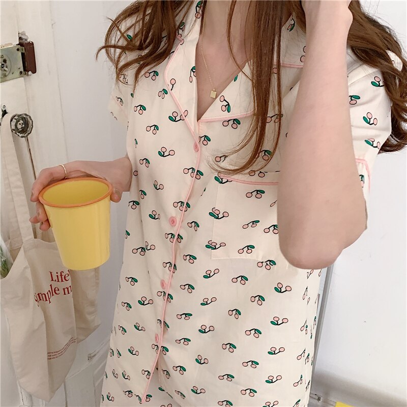 cute cherry summer pajamas set lapel collar blouses shorts 2 piece set women sleepwear home clothes cotton homewear ins Y530