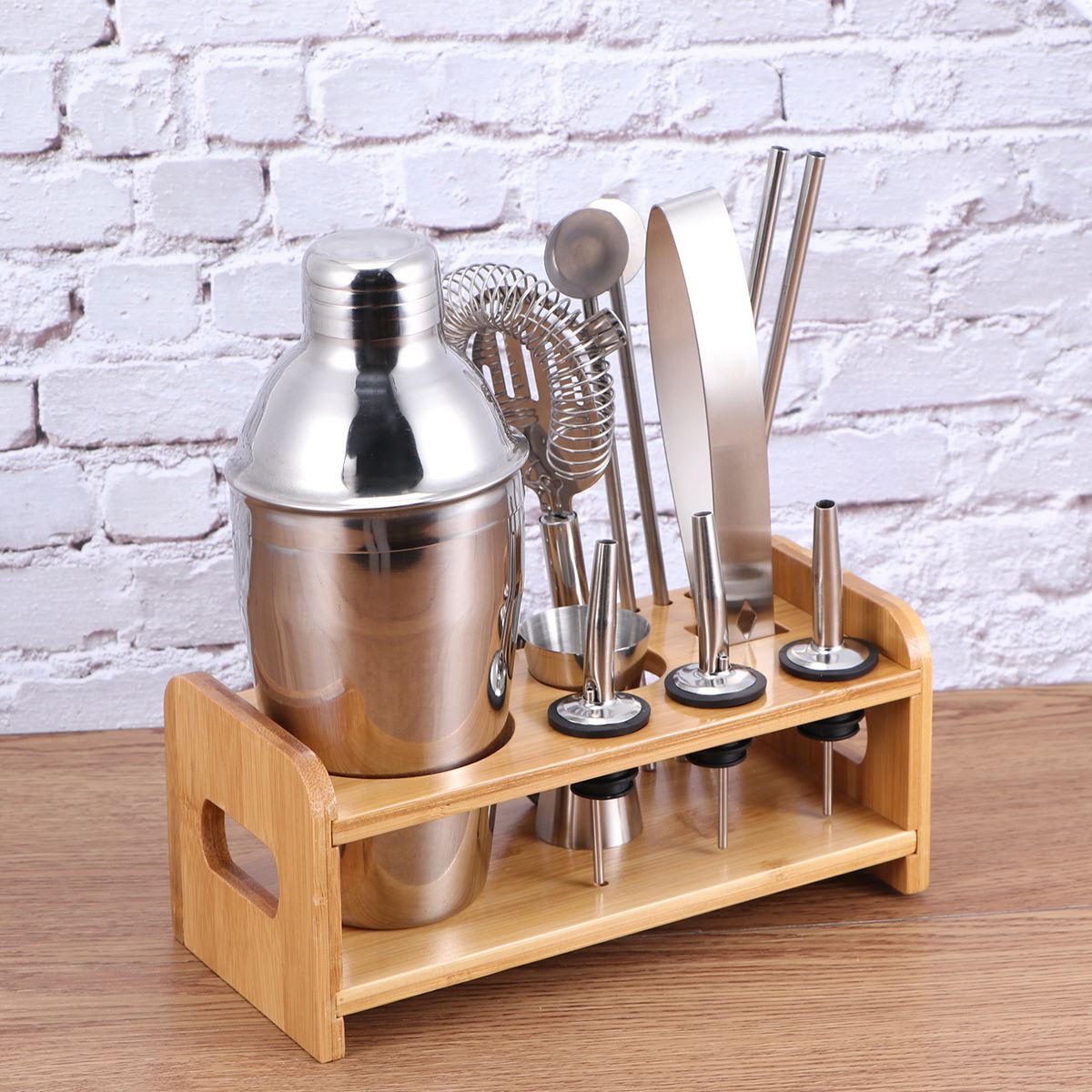 1 Set 12pcs Stainless Steel Cocktail Kit Wooden Base Cocktail Mixing Kit Drink Mixer Bartender Tools 250/350/550/750ML