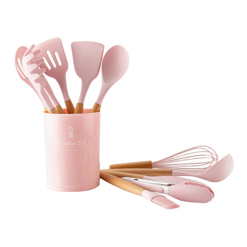 12 pièces de Gel de silice Silicone ustensiles de cuisine antiadhésifs ustensiles de cuisine cuisine maison ustensiles de cuisine ensemble fournitures: Rose