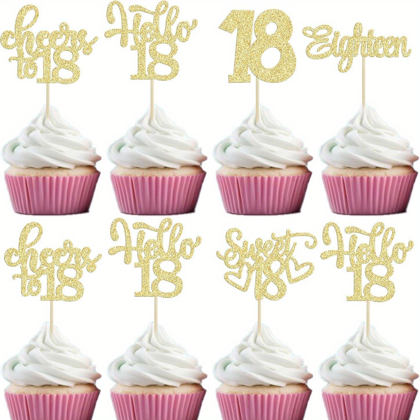 15 Uds. De recoger magdalenas felices del siglo XVIII, dulces 18 saludos a 18 decoraciones de pasteles para suministros de de aniversario de cumpleaños: Oro