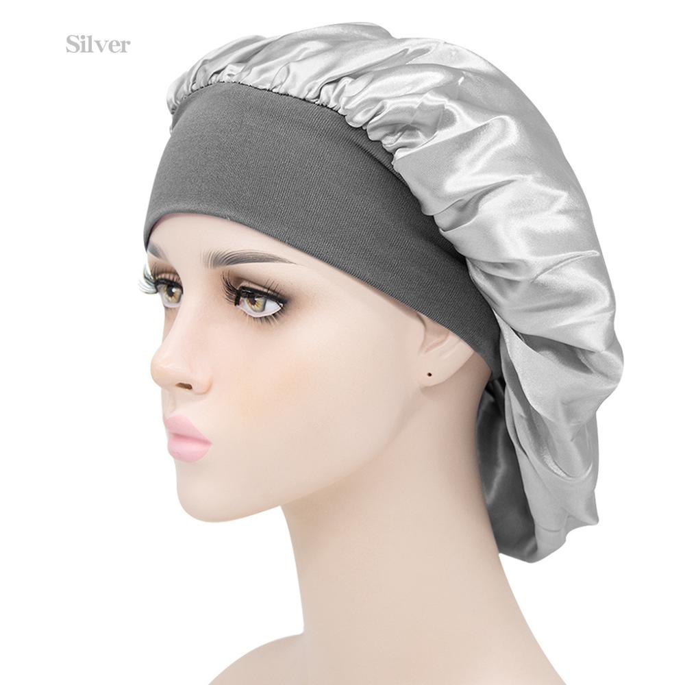 Gorro de descanso de ala ancha de satén para mujer, gorro de dormir para el cuidado del cabello, gorro de noche, Unisex, gorro de ducha, envoltura de cabeza de seda: Silver
