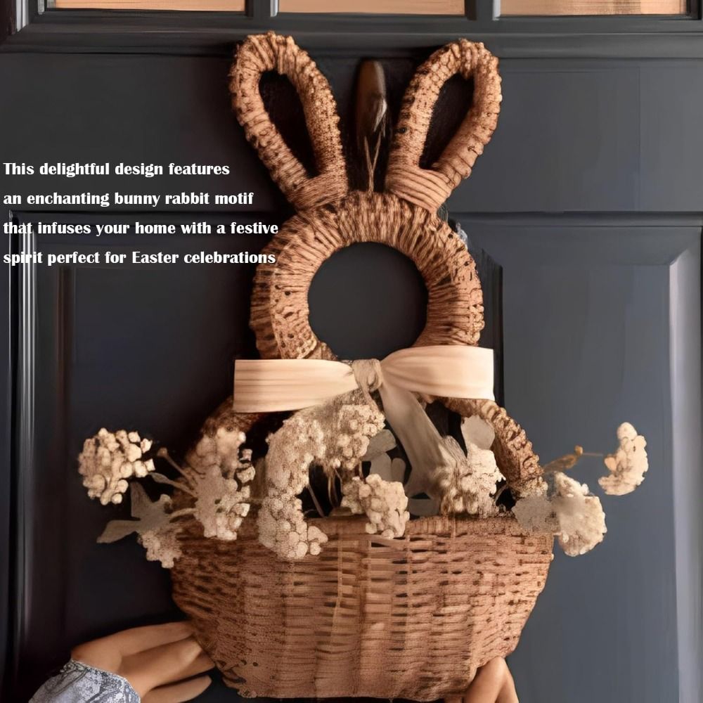 Hand Natural Woven Bunny Easter Basket Wall Hanging Happy Easter Bunny Basket Wall Pocket Hanging Wall Pocket Spring Decor