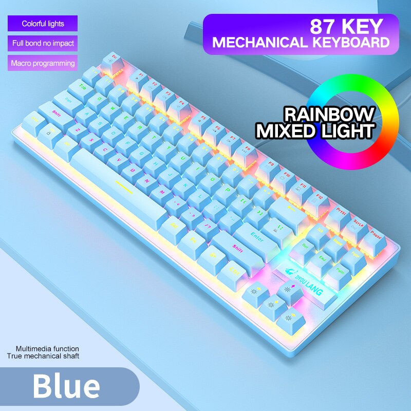 Colorful Backlit Gaming Mechanical Keyboard 87Keys Blue Switch Rainbow Backlight Game Wired Keyboard for Office Laptop PC Gamer: XJP003Blue