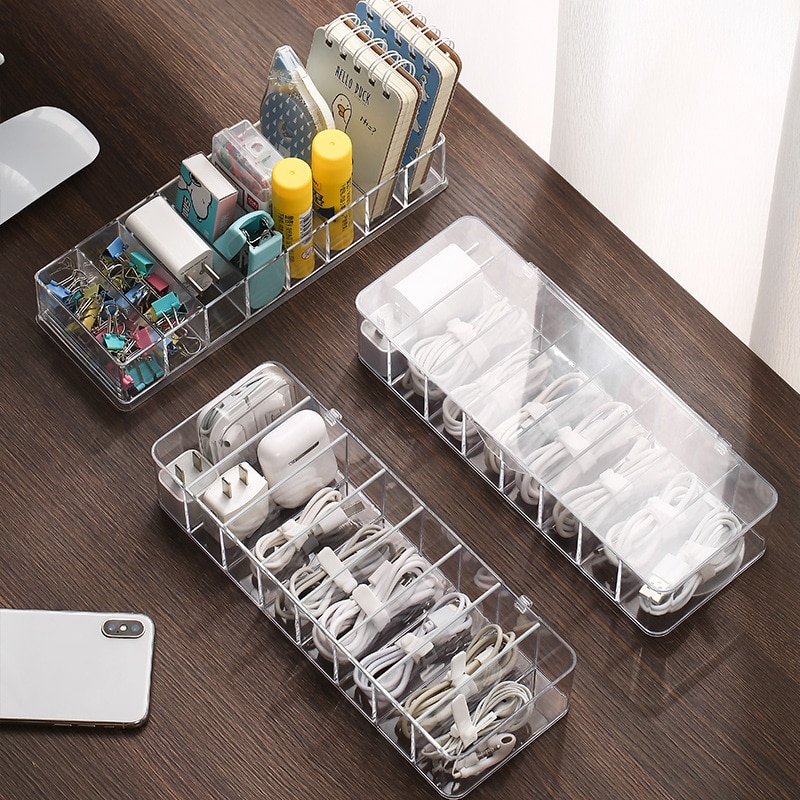 Large Acrylic Data Cable Storage Box Rectangle Desktop Plastic Data Cable Headphone Line Storage Box Dust Portable Box With Lid