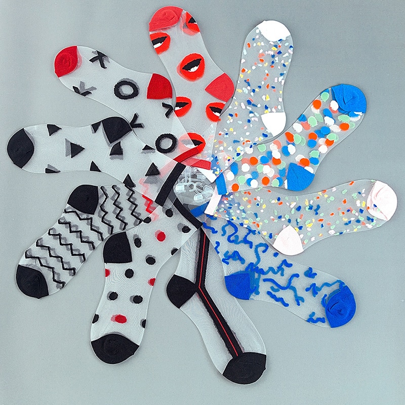 Summer Breathable Ultra-thin Glass Silk Socks Women Geometric Pattern Short Socks Girls Transparent Socks